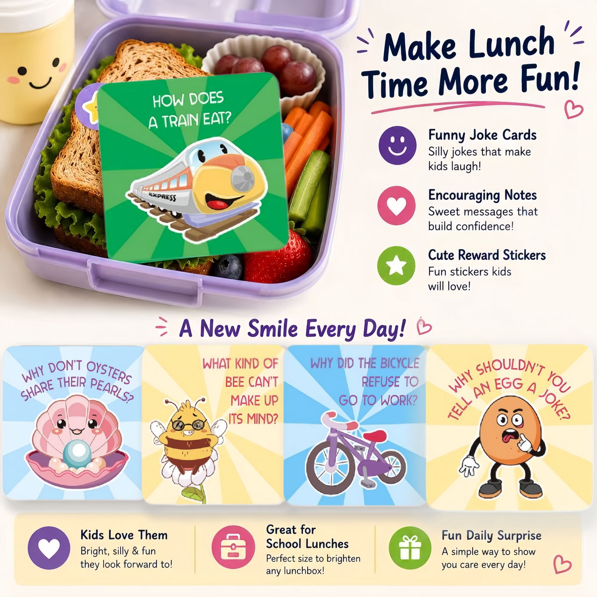 gleaminglife 105 Joke Cards Lunch Box Notes, Funny Pun Joke Cards with 120 Stickers, Daily Humor Cards for School & Gifts