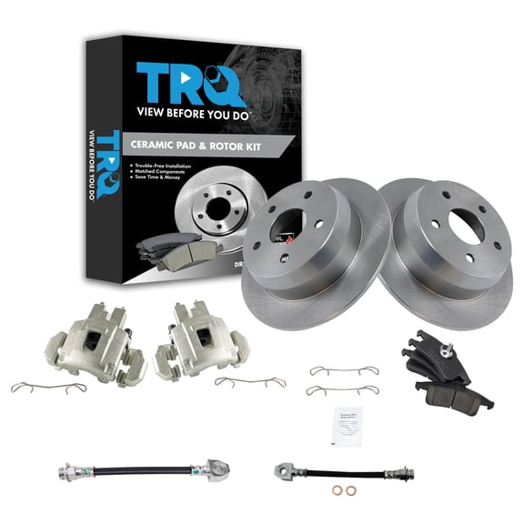 TRQ Rear Brake Pad & Rotor Kit Brake Caliper Brake Hose Brake Pads Brake Rotor Ceramic Fits Select 1999-2004 Jeep Grand Cherokee