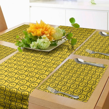 

Funny Faces Table Runner & Placemats Happy Concept Simple Design Smiling Characters Retro Themed Print Set for Dining Table Placemat 4 pcs + Runner 12 x90 Dark Army Green Yellow by Ambesonne