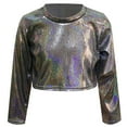 thumbnail image 4 of AWZXDE Girls Long Sleeve Cropped Top With Shiny Glitter Sleeves For Youth Fashion And Tops For Apparel Black,11-12 Years, 4 of 4