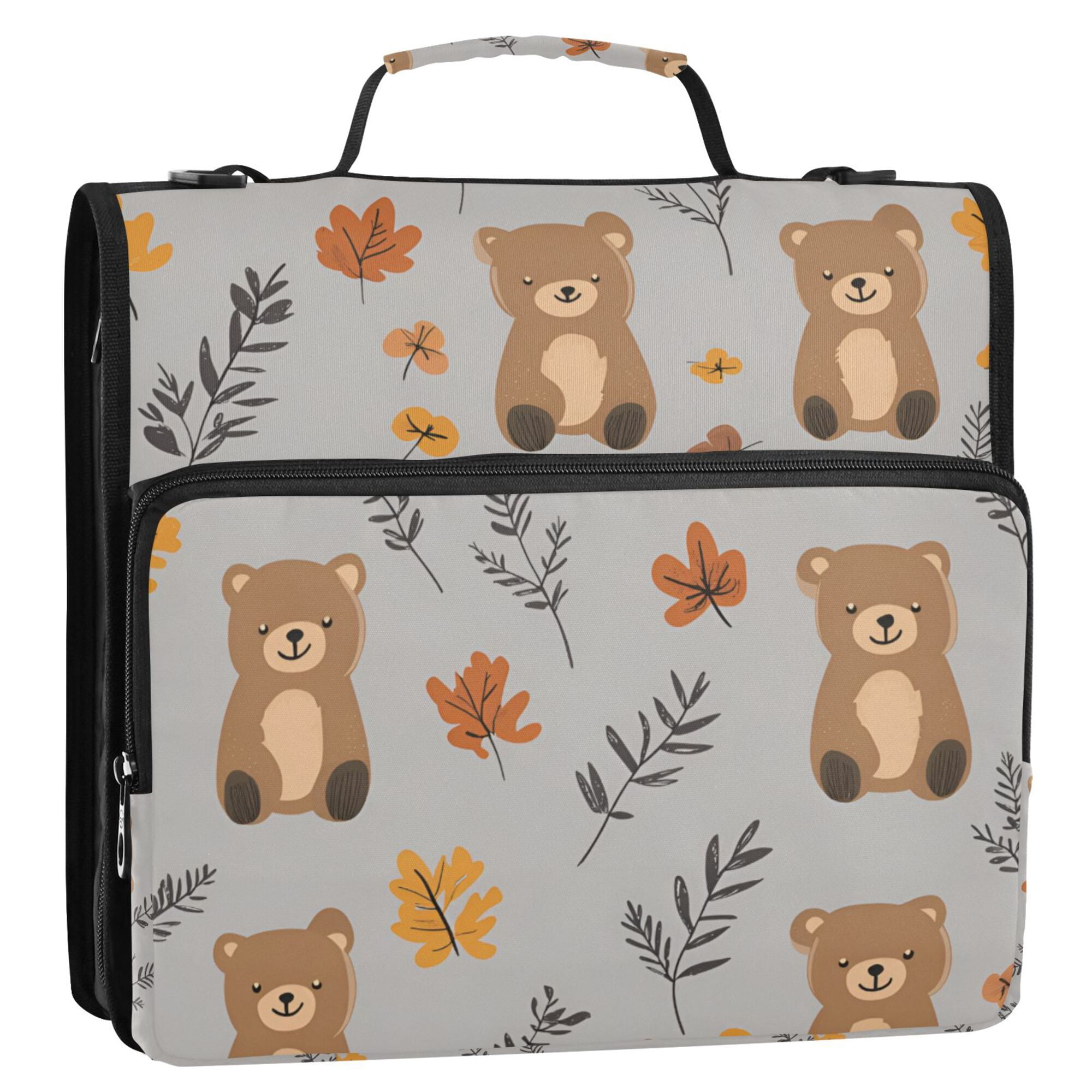 FORMRS Zipper Binder with Shoulder Strap 2-inch Ring 500 Sheet Capacity File Bag, Brown Cartoon Bears