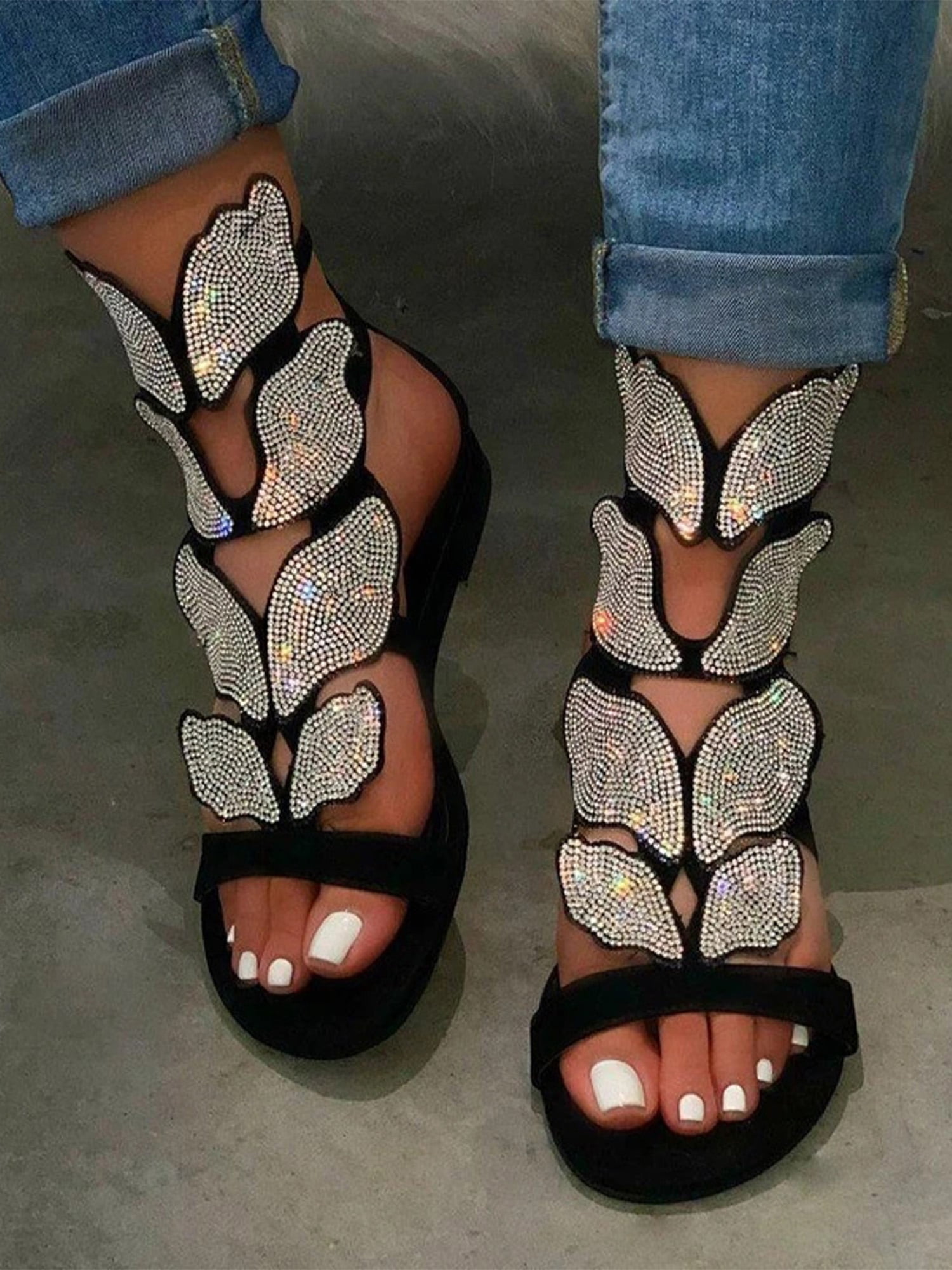 Women Butterfly Rhinestone Gladiator Flat Heel Summer Glitter Sandals Shoes Size 
