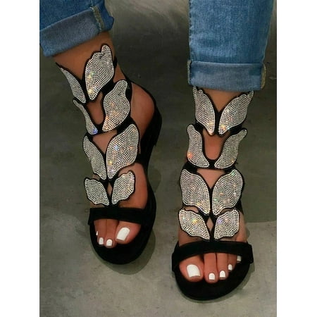 

Fangasis Women Butterfly Rhinestone Gladiator Flat Summer Glitter Sandals Shoes
