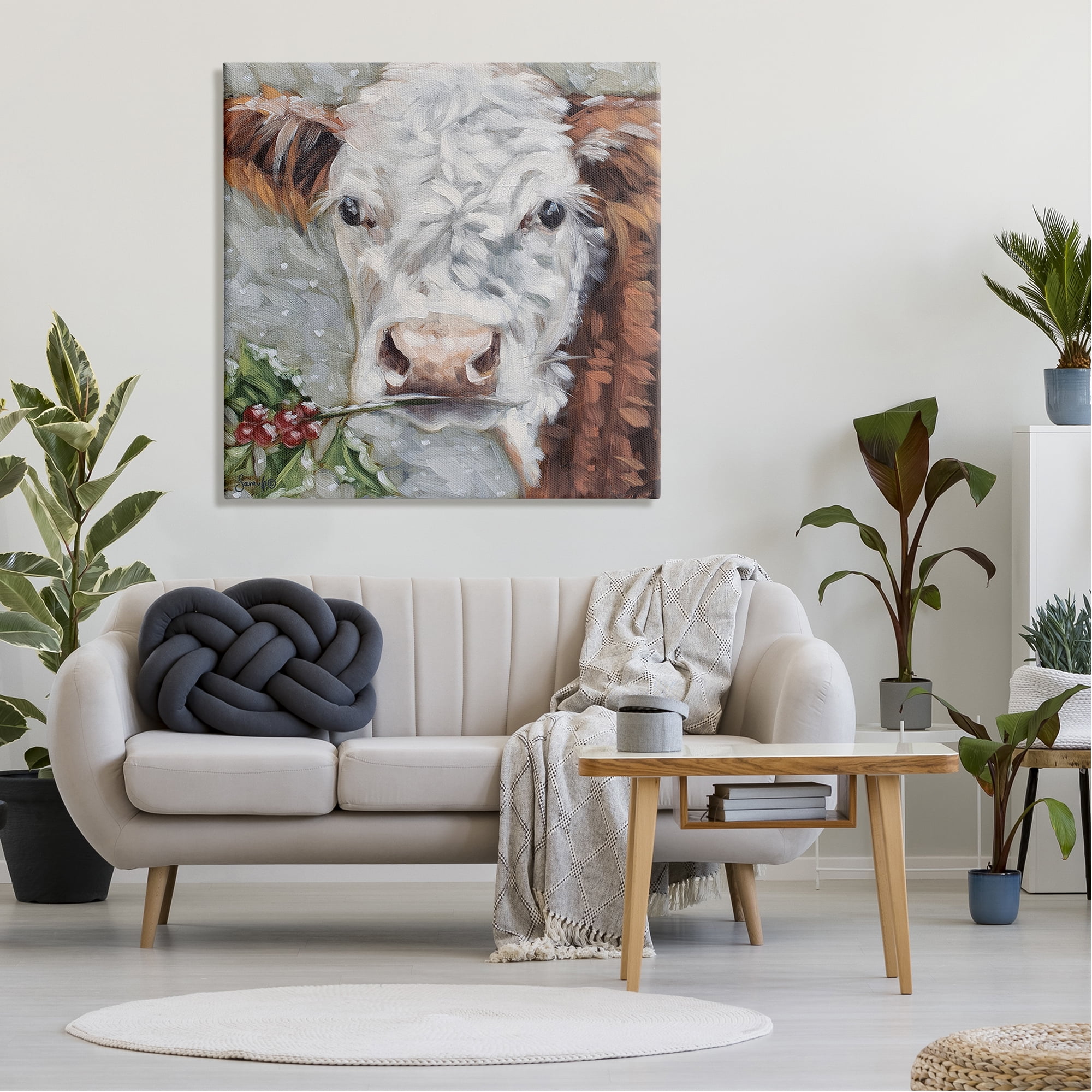 Stupell Snowy Winter Cow Holly Berries Animals & Insects Painting Gallery Wrapped Canvas Print Wall Art