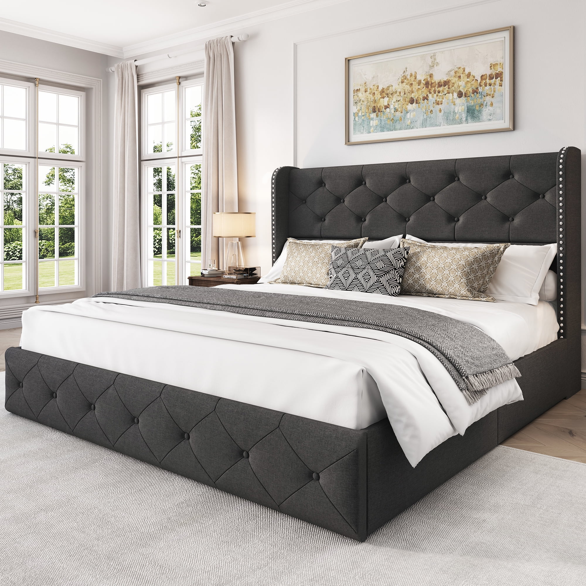 Breltam Full Size Bed Frame with 4 Storage Drawers, Wingback Tufted Headboard, LED Lights, Dark Grey Velvet Upholstered Platform Bed, No Box Spring Needed