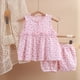 thumbnail image 1 of Conjunto de falda de verano para niña, cuello redondo, manga corta, estampado floral pequeño con lazo, material de gasa, pijama cómodo y transpirable de dos piezas para niñas pequeñas, conjunto de alg, 1 of 9
