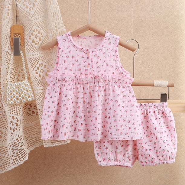 Conjunto de falda de verano para niña, cuello redondo, manga corta, estampado floral pequeño con lazo, material de gasa, pijama cómodo y transpirable de dos piezas para niñas pequeñas, conjunto de alg