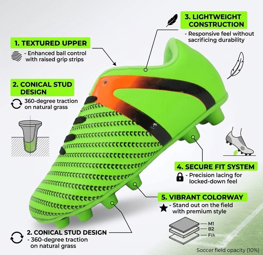 Vizari USA Impact Firm Ground Soccer Cleats for Kids – Comfortable, Lightweight, and Durable Shoes for Toddlers, Little Kids, and Big Kids - Green/Orange, 4