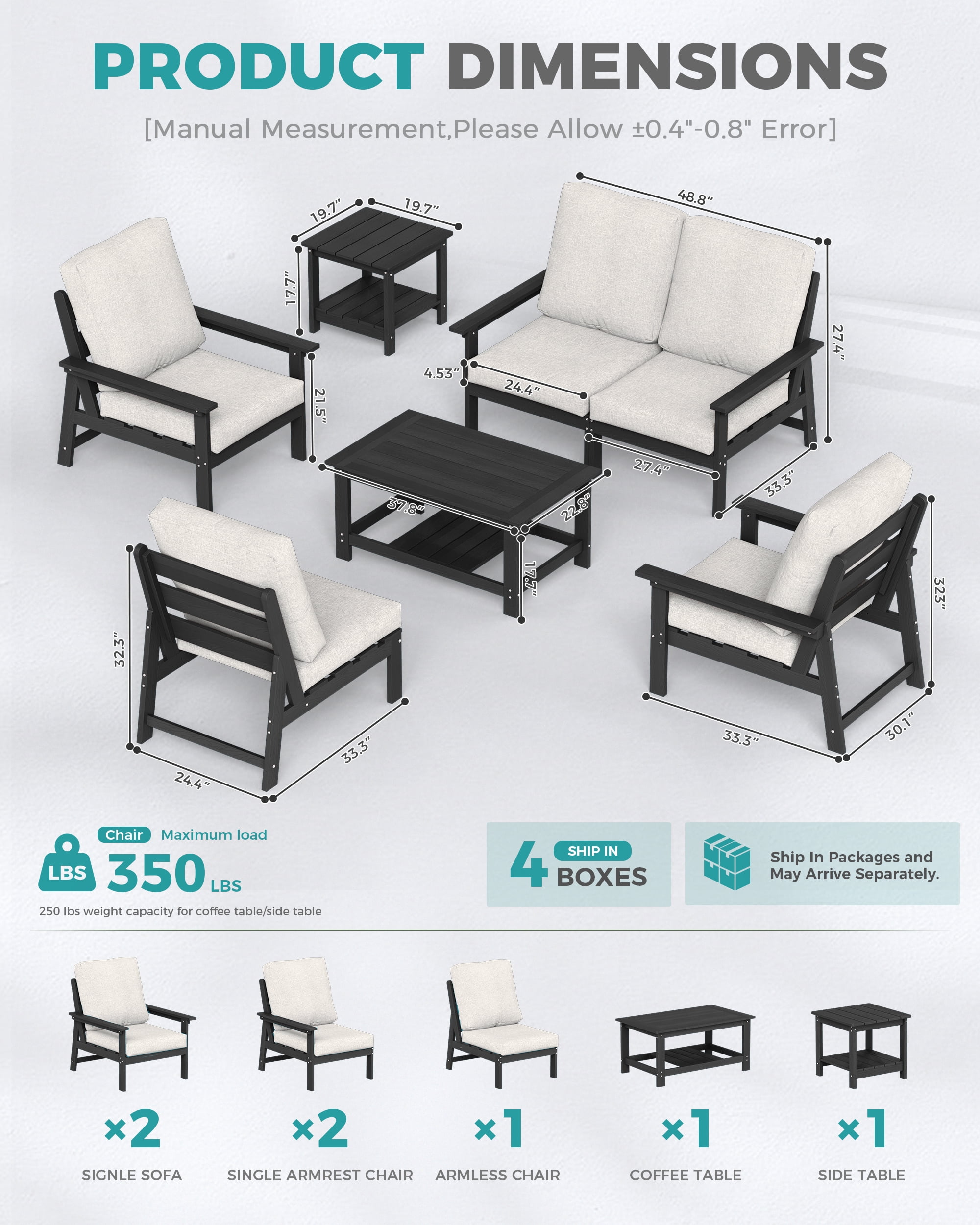 Harbweb 7-Piece HDPS Outdoor Sofa Patio Furniture Set, Black Frame with Beige Cussion