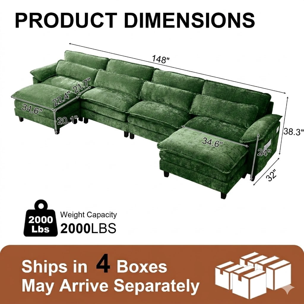 Howcool 148" Modular Sectional Sofa , 4 Seater U-Shaped Cloud Couch with Movable Ottoman, USB Charging Ports & Side Pockets, Sectional couchs for Living Room,Chenille Fabric,Green(Thick Sponge)