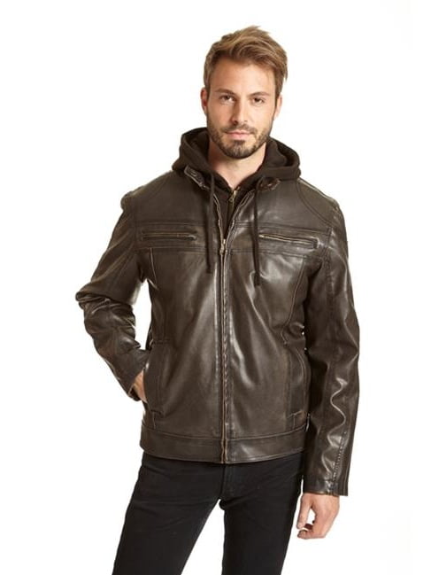 Excelled X2081PU Mens Hooded Faux Leather Jacket, Brown - Small ...
