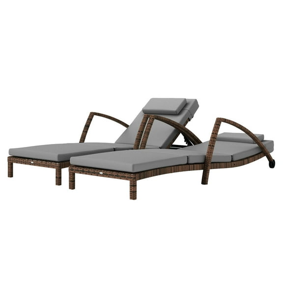 Wicker Chaise Lounge Chairs Set of 2, Outdoor Patio Lounger with Adjustable Back, Wheels & Cushions - Gray