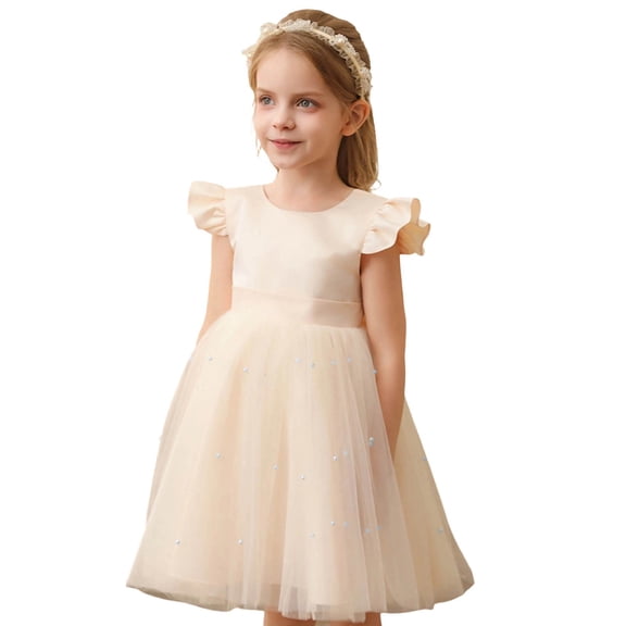 Bainana Girls Tutu Dress Toddler Solid Color Ruffled Sleeve Crew Neck Dresses Breathable Soft Little Girls Summer Party Formal Gown Dress Beige Size 3-4 Years