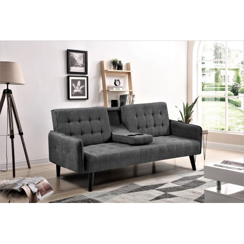 72" Sleeper Sofa Bed - Convertible Folding Backrest to Full Bed with Cup Holder & Drop-Down Table - Space Saving Linen Sofa for Small Spaces - Easy Assembly, Dark Grey