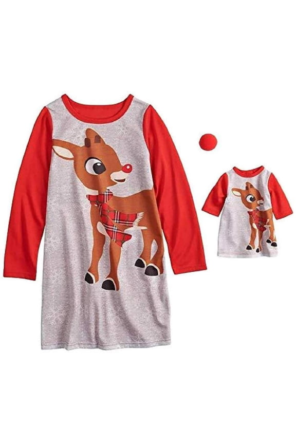 Girls Gray Rudolph The Reindeer Christmas Nightgown & Doll Gown Set 6