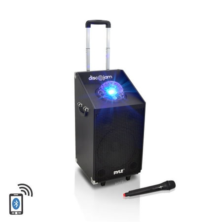PYLE PWMA1594UFM - 600 Watt Bluetooth Battery Powered Portable PA Speaker System w/ USB/SD Readers, FM Radio, AUX Input, Wireless Microphone and Flashing Lights
