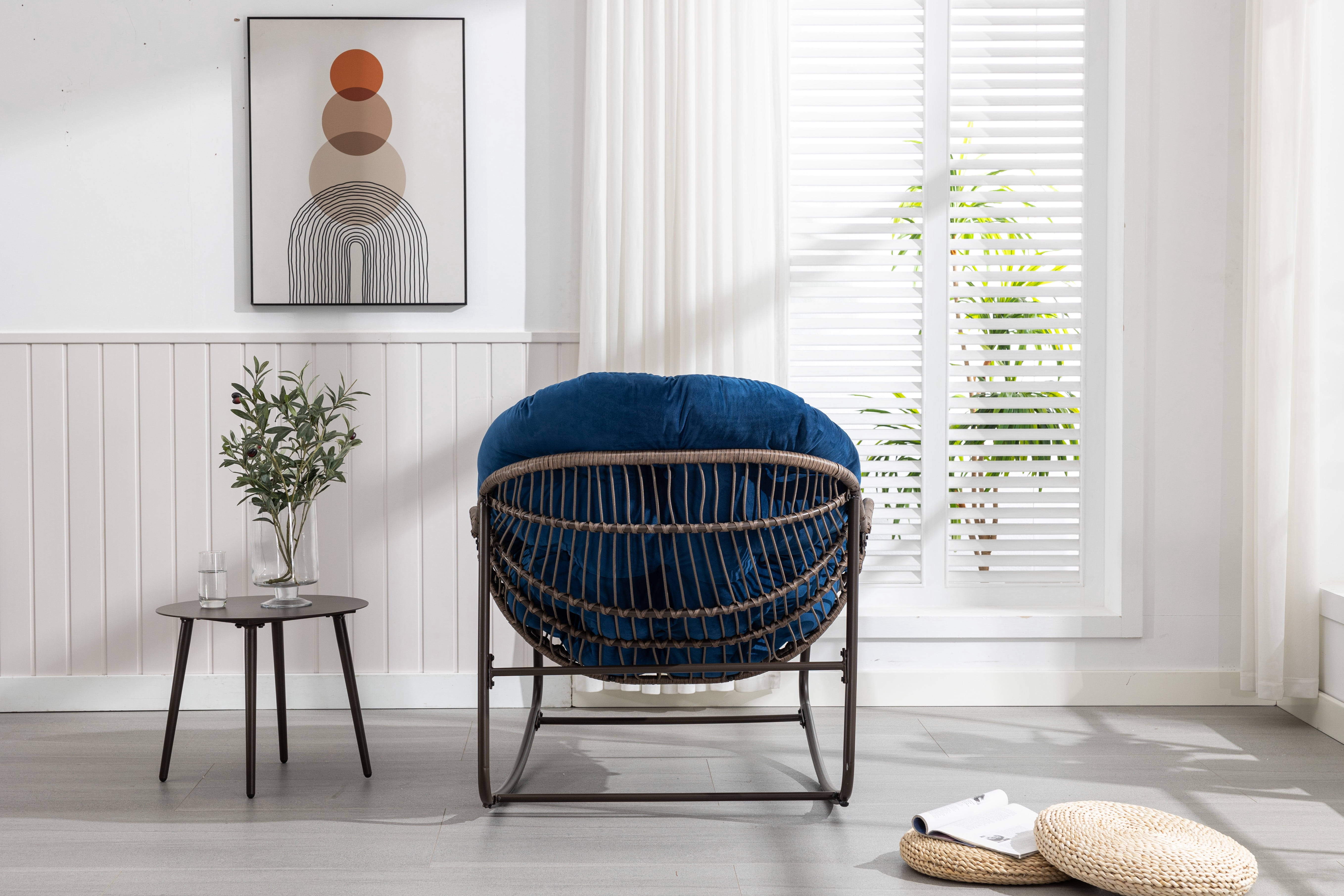 Outdoor Rattan Rocking Chair Oversized with Padded Cushion, Hand-Woven Egg Rocker Chair for Patio and Front Porch, Navy Blue