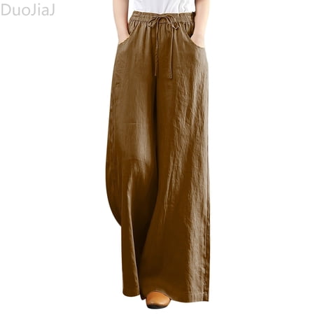 DuoJiaJ Women Solid Pants High Waisted Wide Leg Pants Fashion Drawstring Elastic Trousers Comfy Straight Leg Long Pants Women s Wide Leg Pants Brown M