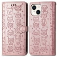 thumbnail image 2 of Allytechgroup Flip Wallet Case [Cat & Dog Cute Embossed Pattern] for iPhone 14 Plus with Card Slots Cash Holder, Magnetic Clasp Shockproof Kickstand Cover with Hand Strap, Rosegold, 2 of 9