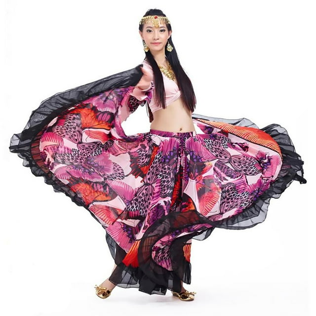 Top Corto De Baile Salvador Con Manga Larga Cuello V Larga Volante Para Cóctel Halloween Rosado Falda de gitana tribal