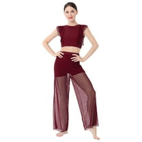 IBTOM CASTLE Women Two Piece Lyrical Dance Outfit Criss Cross Crop Tops   Mesh Tulle Wide Leg Pants Modern Contemporary Dancewear XL Wine Red