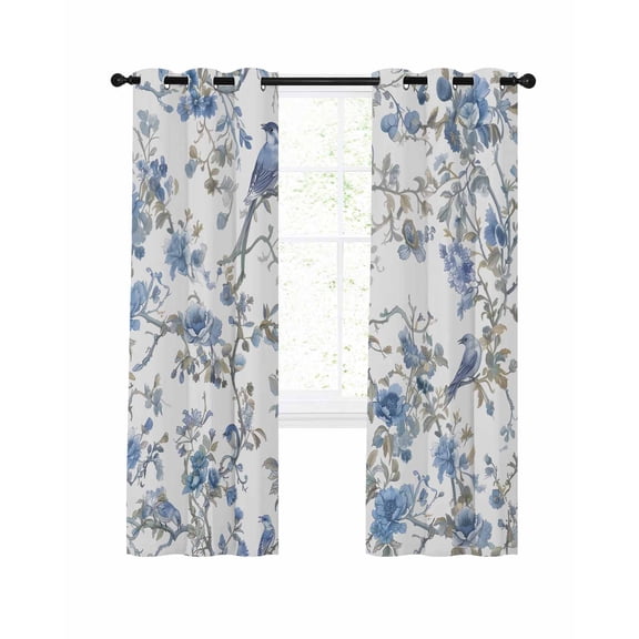 Blue Floral Birds Blackout Curtains, Light Blocking Print Window Curtains, Farmhouse Flowers Pastoral Thermal Insulated Window Drapes for Living Room Kitchen Cafe 2 Panels, 84"W x 84"L