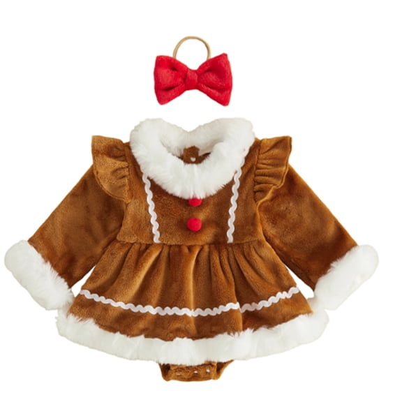 Baby Girls Christmas Gingerbread Romper Dress with Bow Headband, Long Sleeve Faux Fur Trim Holiday Outfit, 0-18M