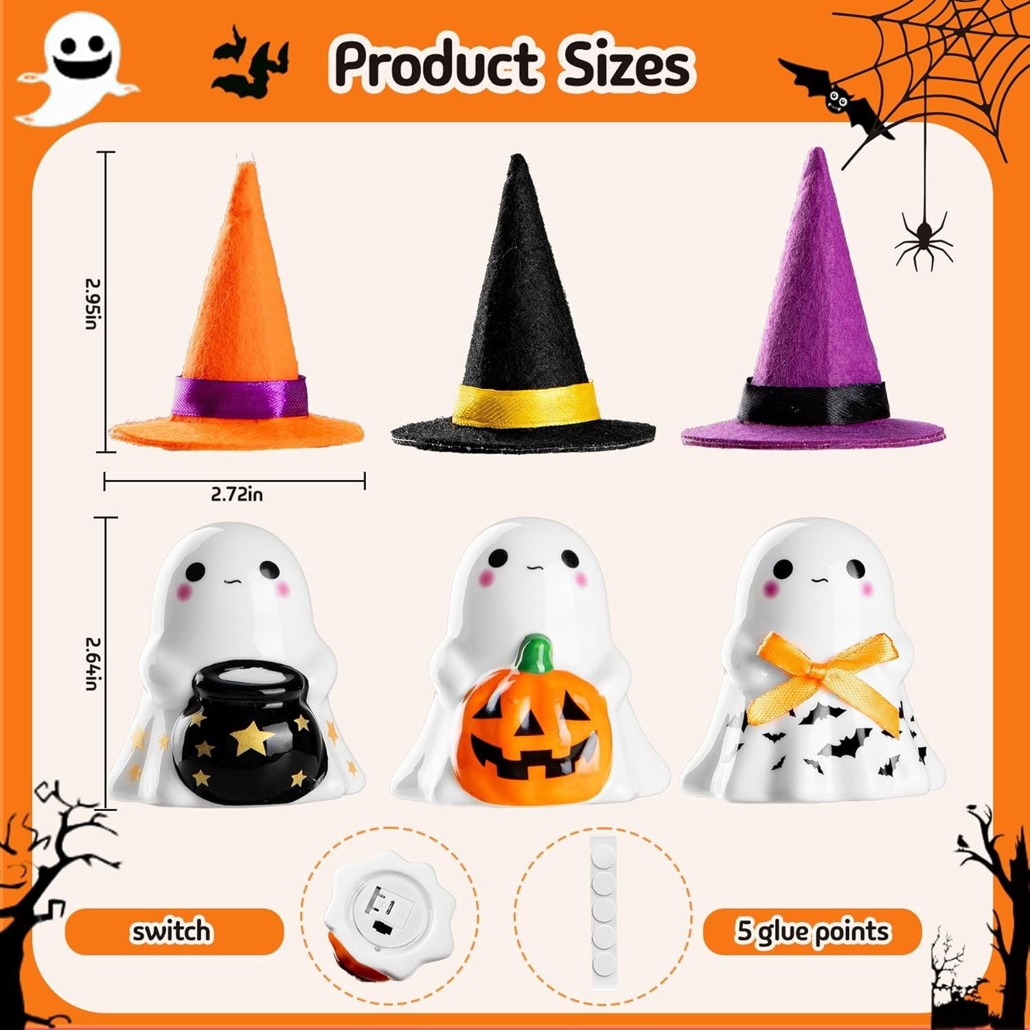 Halloween Decorations Indoor, 3Pcs Cute Spooky Ceramic Ghost Halloween Decorations, Ghost Figurines with Hats, Adorable Tabletop Decor for Mantel, Party, Home, Porch Decor