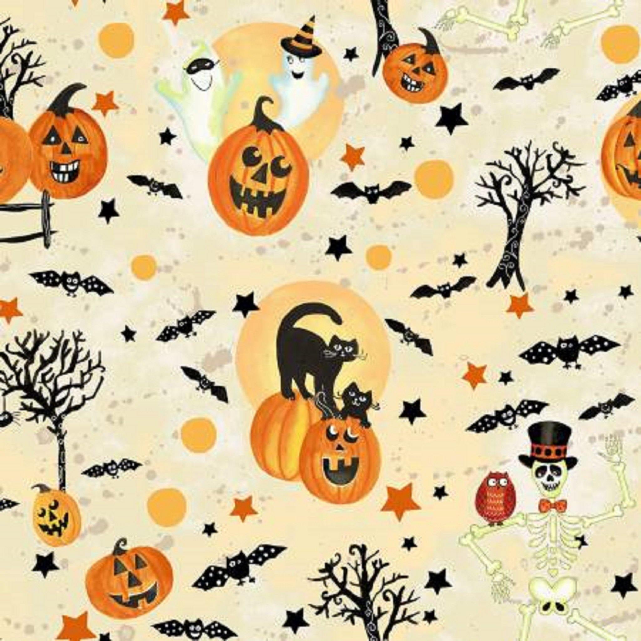Halloween Owl Pumpkin Toss Fabric 100% Cotton By The Yard Trick Or Treat Royal 