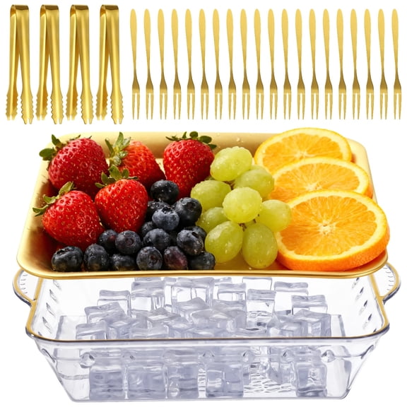 9-Inch Ice Chilled Serving Tray Set with Forks & Tongs – Double Layer Gold Charcuterie Board for Appetizers, Fruit & Cold Dishes, Buffet Party Platter