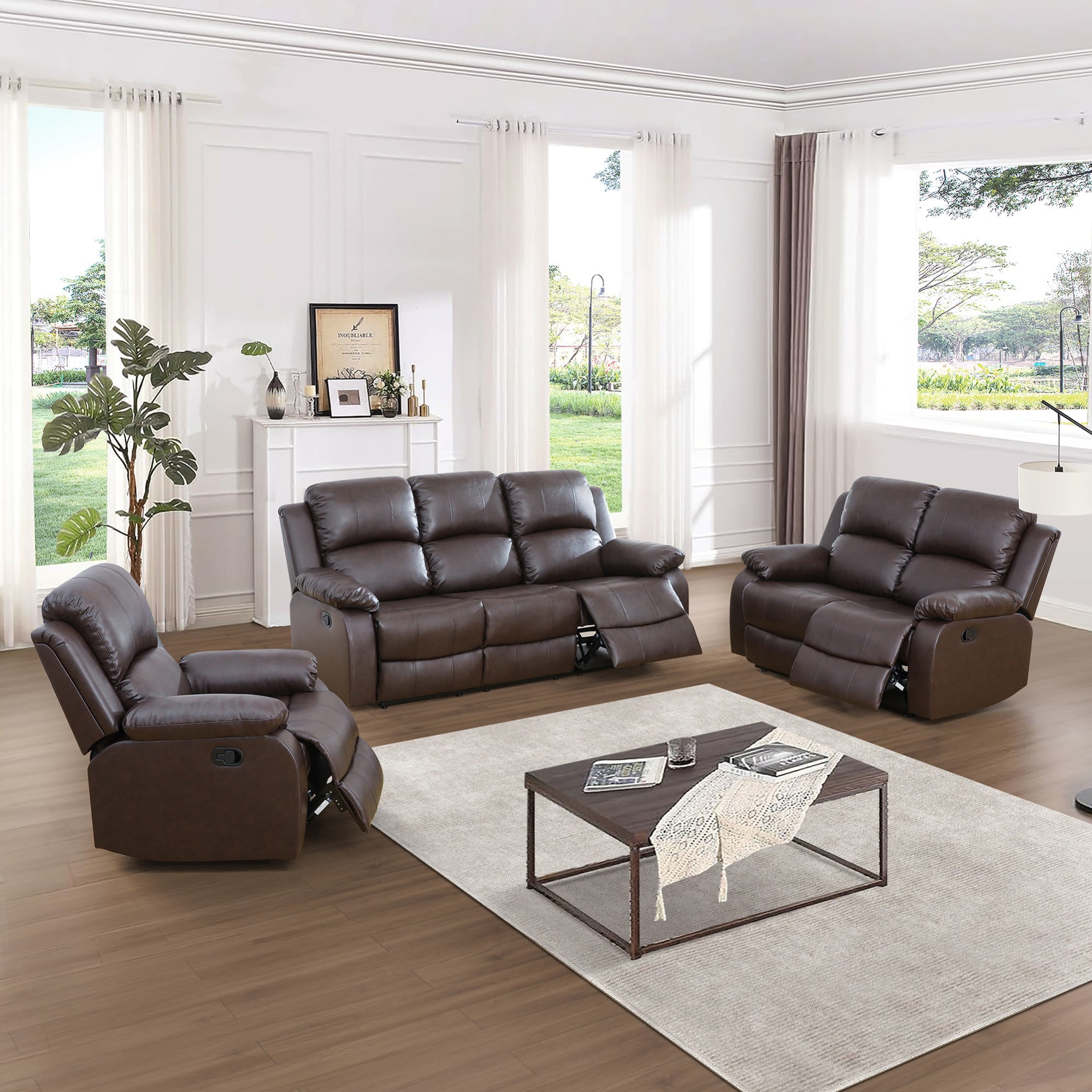 Gewnee Brown 3-Piece Living Room Recliner Sofa Set,Air Leather Upholstery