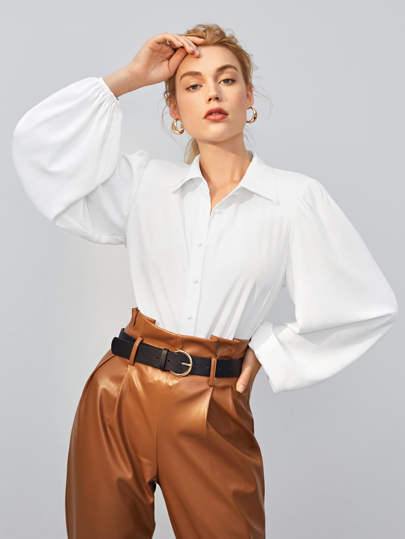 Single Breasted Lantern Sleeve Blouse 