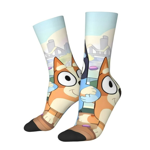 Masiiu Bluey Pattern Adult Crew Socks, Breathable Color-Block Mid-Calf Socks, Comfortable for Daily Wear and Sports