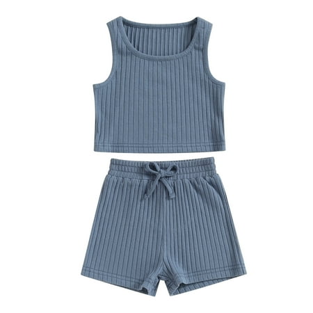 

Wallarenear 2Pcs Baby Girl Tracksuit Ribbed Knit Button Tank Tops Drawstring Rolled Shorts