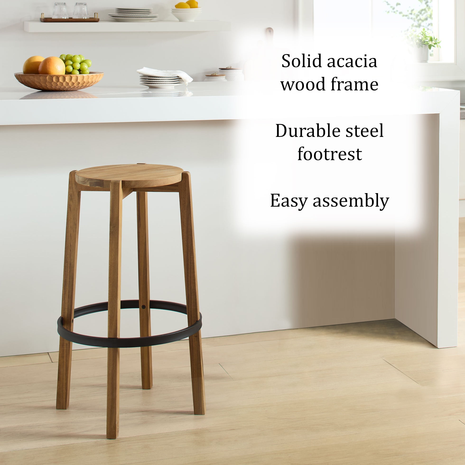Mainstays 2-Pack Modern Wood Backless Indoor Barstool with Black Foot Ring, 29"H
