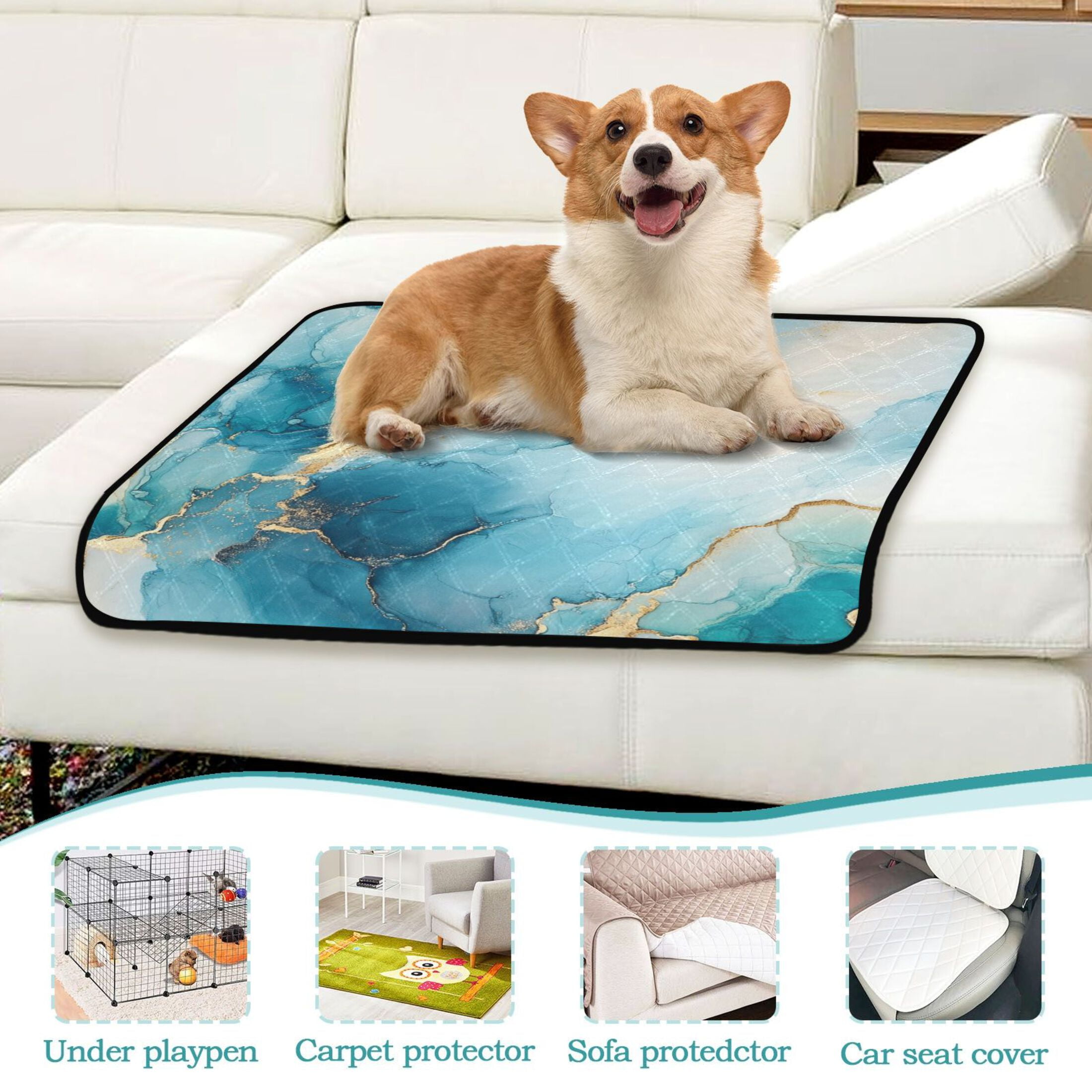 Qxltty Gilt Cyan Marble Cat litter Pads Pet Set of 2 Diaper Mats Center Anti-leakage Layer Absorbent Soft and Comfortable
