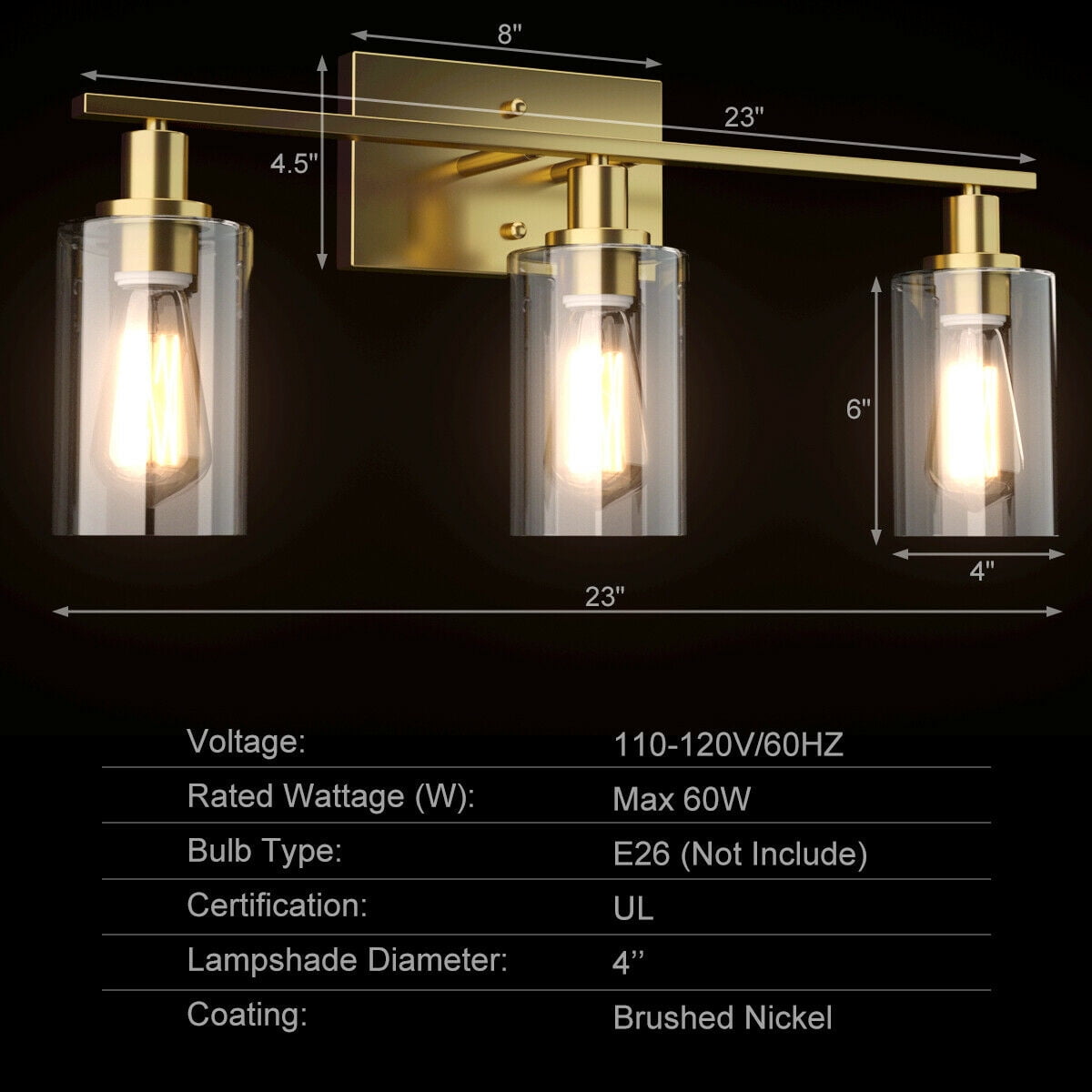 Patiojoy Bathroom Vanity Light Modern Wall 3-Light  Sconce Fixtures W/ Clear Glass Shade