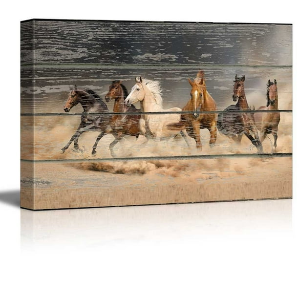 wall26 Canvas Wall Art Galloping Horses on Vintage