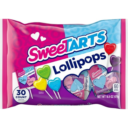 SweeTARTS Valentine's Day Candy Heart Shaped Lollipops, 16.9 oz, 30 Count