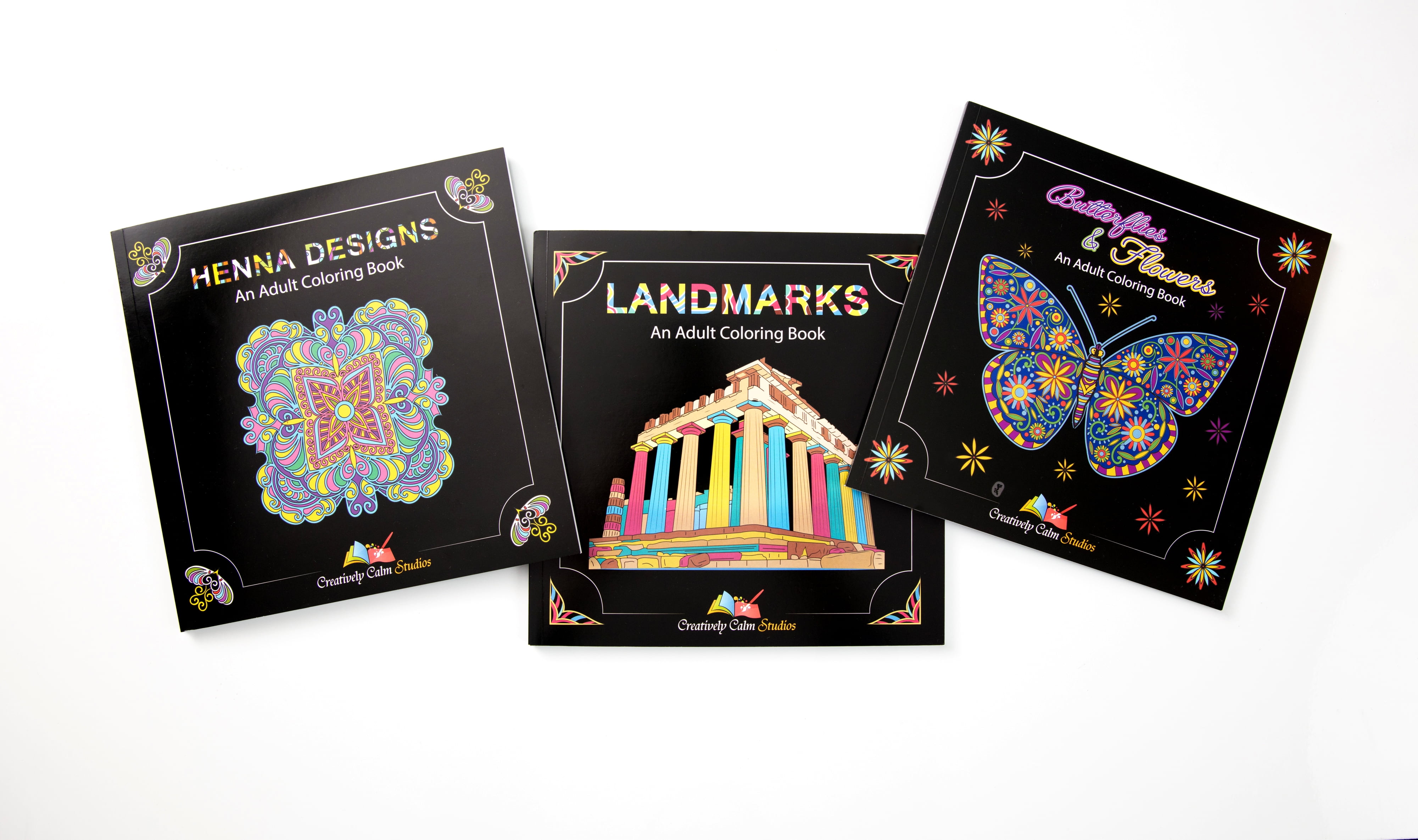 3 Book Set of Butterflies and Flowers, Henna, and Landmarks Adult Coloring Books