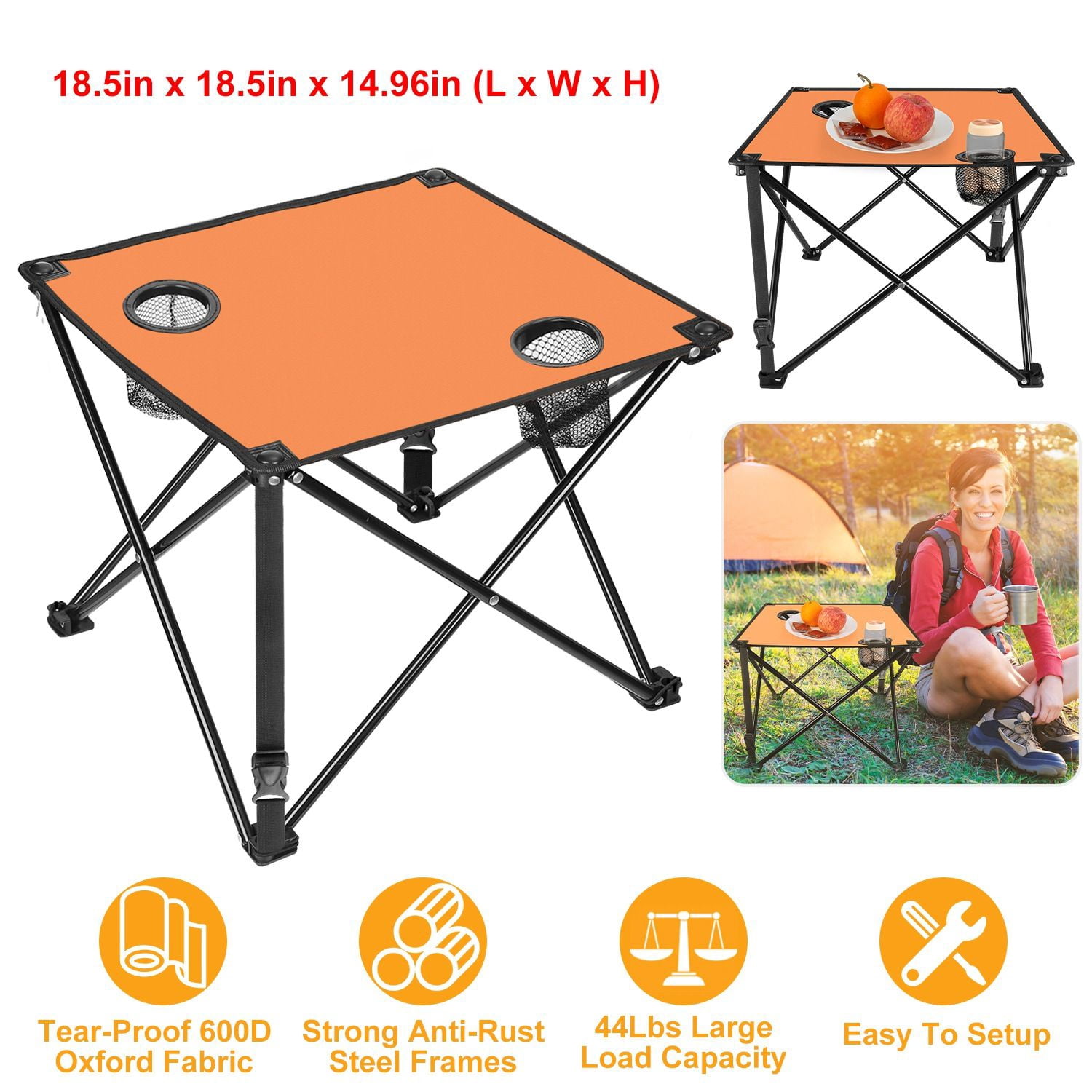 Foldable Camping Table Portable Picnic Table Lightweight Travel Desk with 2 Cup Holders Carrying Bag