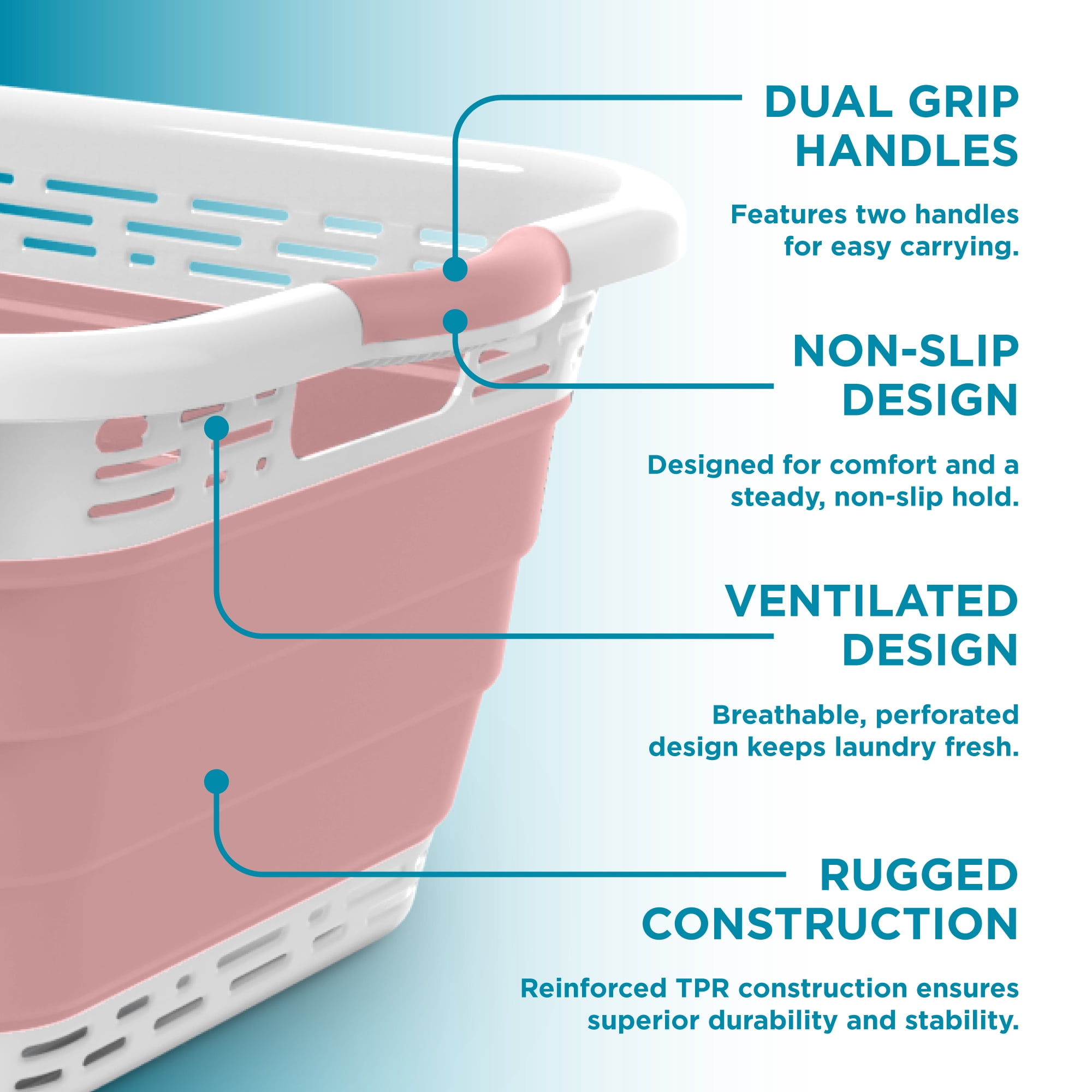 BLACK + DECKER Collapsible Laundry Basket with Handles, Space-Saving Design, Pink, 2-Pack