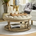 thumbnail image 3 of 36'' Wide Round Ottoman Large Coffee Table with Storage Tufted Wood Legs Home Living Room Linen, 3 of 8