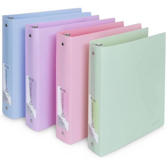 3 Ring Binder (4 Pack) Pastel Flexible Binders Round Ring with Pocket, for School Supplies in Blue, Purple, Pink and Green