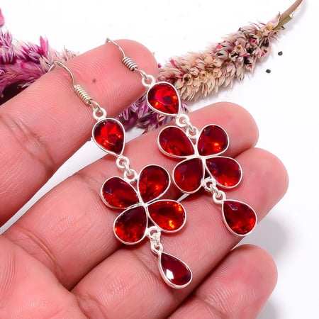Red Garnet Gemstone 925 Sterling Silver Handmade Earring 2.42" E316