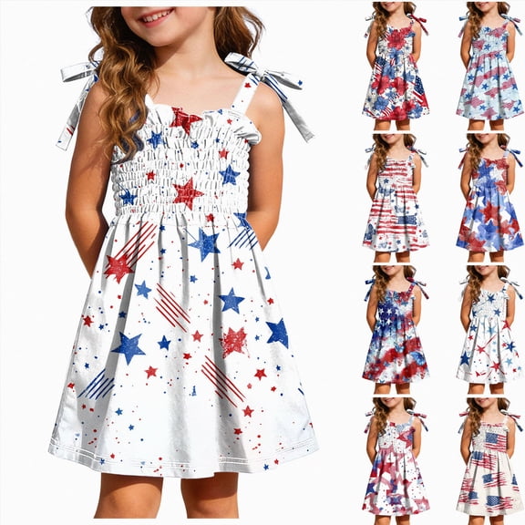 WUANDIXFA Toddler Summer Dress 1T 2T 3T 4T 5T 6T Cute 4th of July Star Striped Holiday Party Sleeveless Sun Dress Girls Patriotic Dresses Toddler Girl Summer Clothes Light Blue,5-6 Years