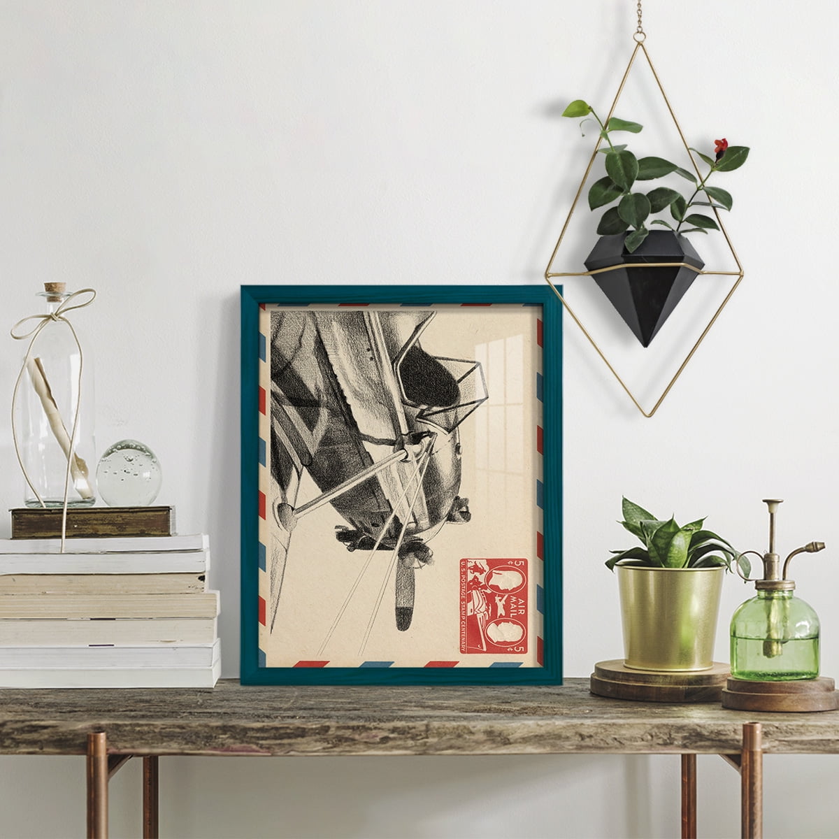 Vintage Airmail I -Framed Print w/glass-Ocean Blue