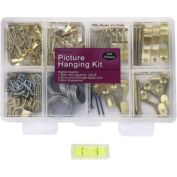 Picture Hangers, Picture Hanging Kit, 225pcs Heavy Duty Frame H s Hardware with Nails, Hanging Wire, Screw Eyes, D Ring and Sawtooth for Wall Mounting