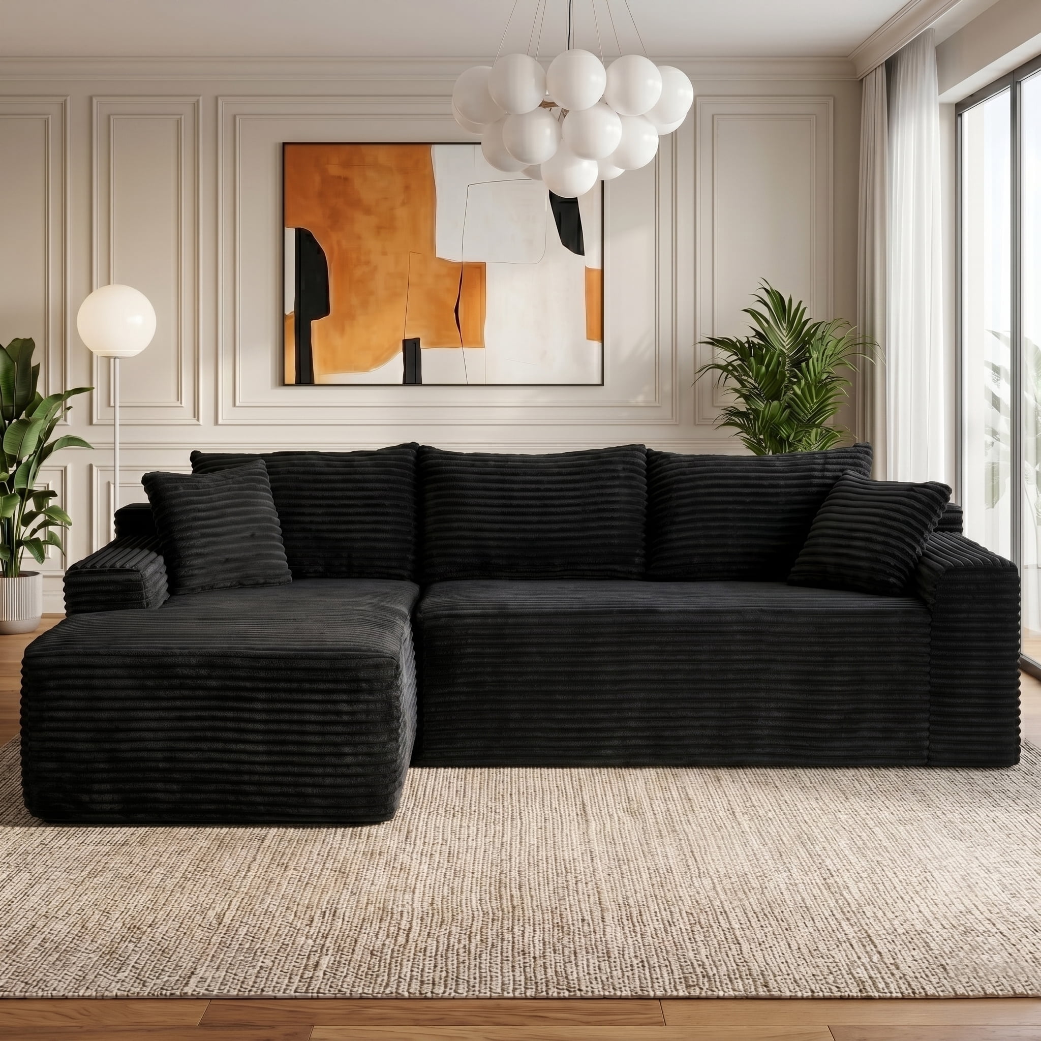 Xiweot 95" Cloud Sectional Sofa Deep Seat Boneless Couch L-Shaped Modular Couch, Modern Left Chaise Corduroy Upholstered Sofa with Side Pockets for Living Room, Black