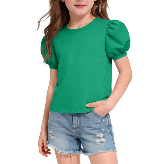 CQONEPT Girls T Shirt Puff Short Sleeve Shirts Summer Lounge Fashion Crewneck Solid Color Tops Tee Green 12-13 Years